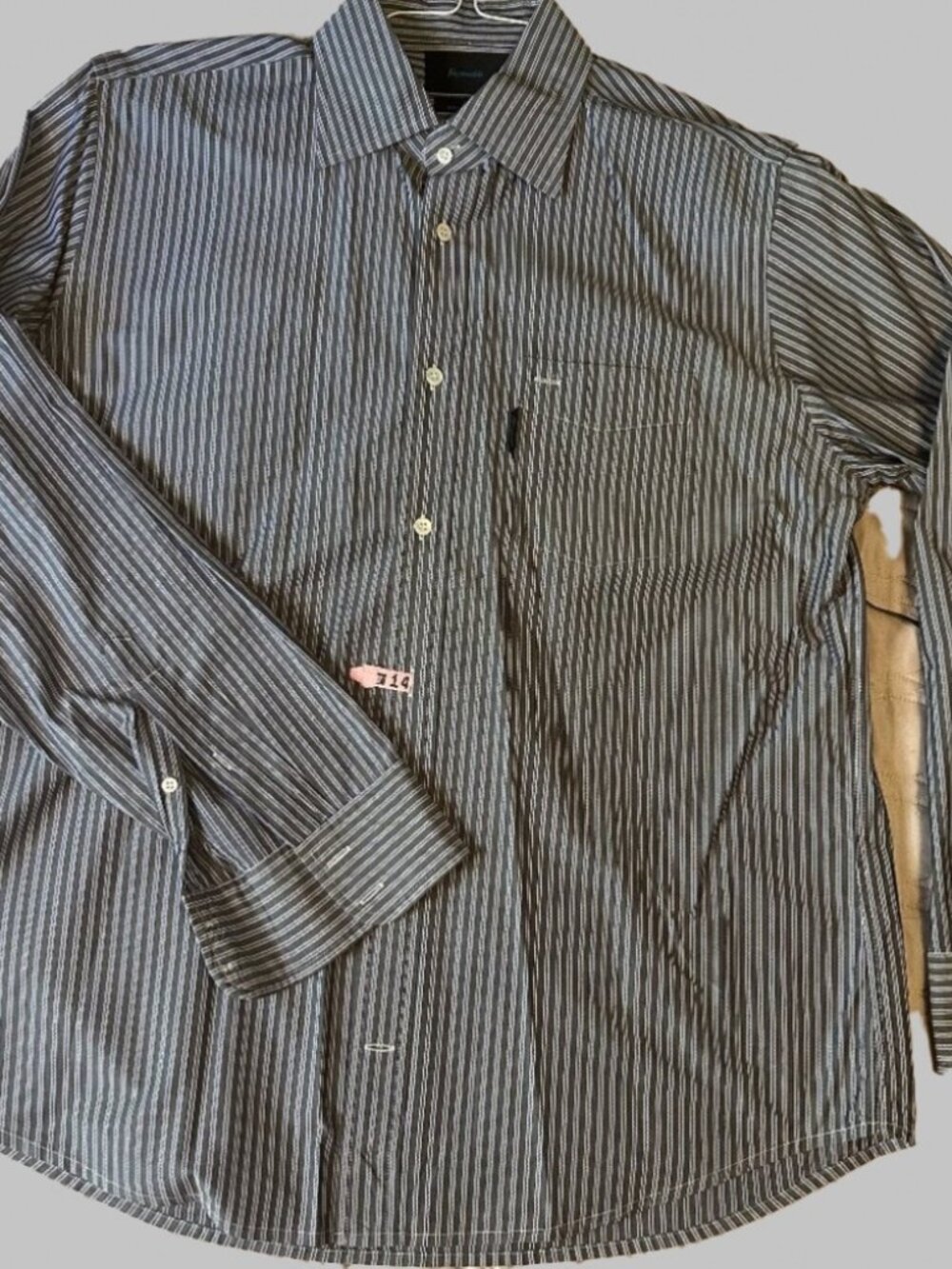Façonnable Men's Shirt Gray-Brown and White Striped Long Sleeve Button Up, Sz L